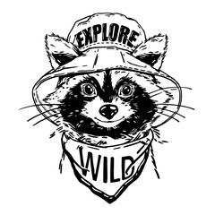 Cute funny raccoon portrait, vector hand drawn hiking character design, forest animal trendy print. Cartoon baby camping mascot muzzle logo, kids t-shirt graphic. Cute raccoon in hat with neckcloth © Oleksandra
