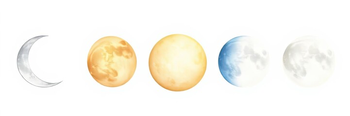 Moon Phases Watercolor Painting Crescent Gibbous Full Moon Cycle Illustration
