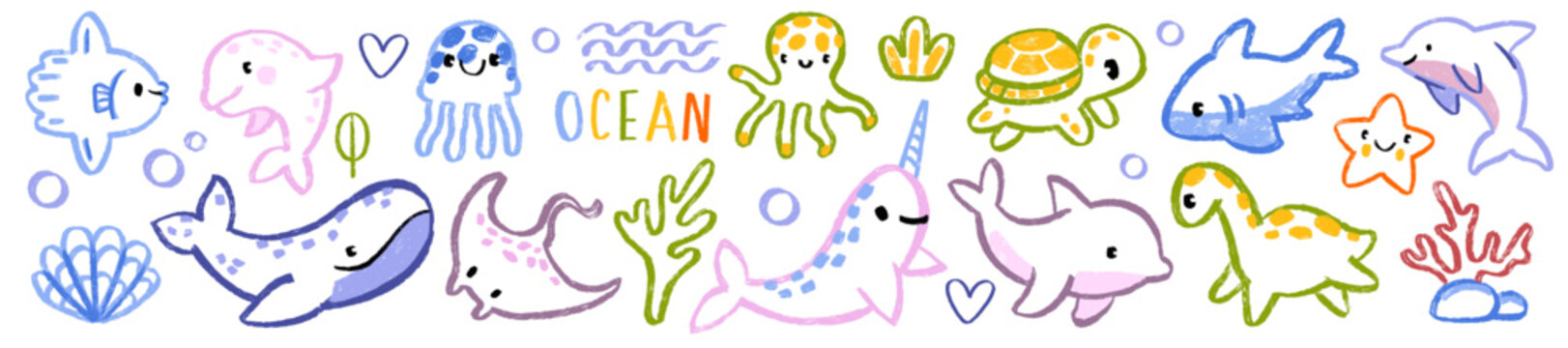 Kids doodle ocean animal set, vector hand drawn childish underwater scribble, cute cartoon dolphin. Naive baby nature sea sticker, colorful pencil illustration, whale, turtle, fish. Kids doodle design