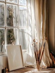 A sun-drenched studio filled with paintbrushes, soft linen curtains, and a white frame leaning against a wall. 