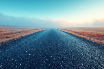 Serene Empty Road Amidst Misty Landscape and Soft Morning Light