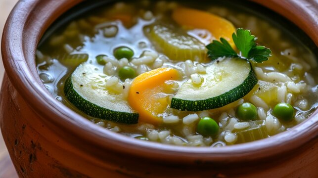 Close-up of rice and vegetable soup with zucchini and peas in a rustic clay bowl, emphasizing fresh and wholesome flavors. Ideal for healthy eating and comfort food.