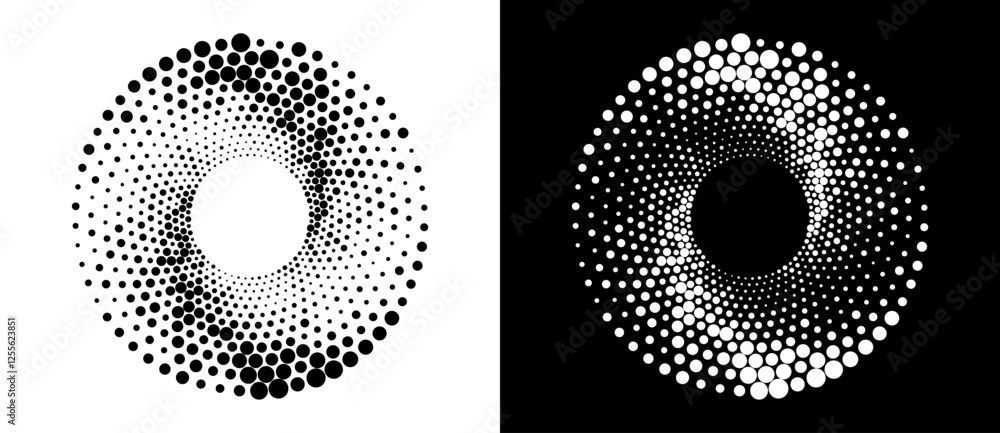 Poster Circle abstract background with dynamic halftone dots in spiral. Black shape on a white background and the same white shape on the black side.