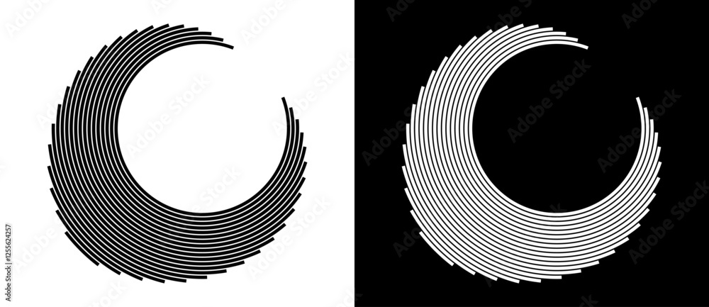 Wall mural Circle from lines like moon. Monochrome abstract background or icon or logo. Black shape on a white background and the same white shape on the black side.