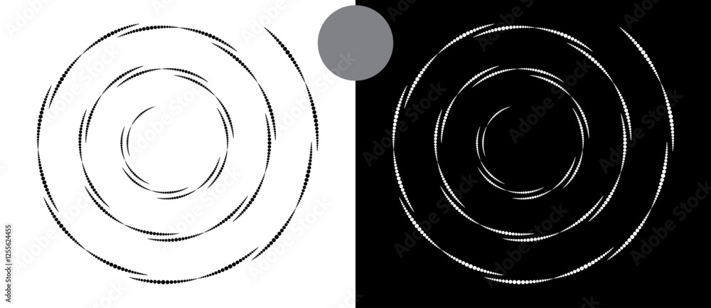 Leinwandbilder Circle abstract background with dynamic halftone dots in spiral. Black shape on a white background and the same white shape on the black side.