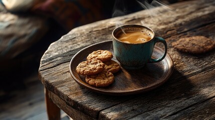 A warm cup of coffee and a plate of freshly baked cookies placed on a rustic wooden table, evoking a cozy, comforting vibe perfect for a quiet afternoon