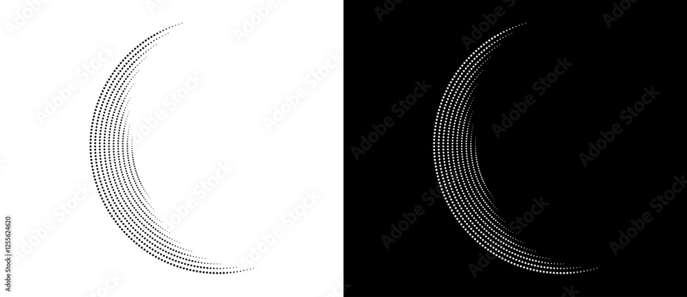 Fototapete Modern abstract background. Halftone dots in circle form. Letter C like logo, icon or design element. Black dots on a white background and white dots on the black side.