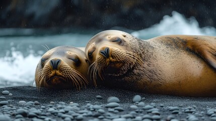 Fototapeta premium Marine wildlife scene captures sea lions lounging on sandy beach with turquoise waves, black volcanic rocks, and ocean spray creating peaceful natural environment on coastal shore.