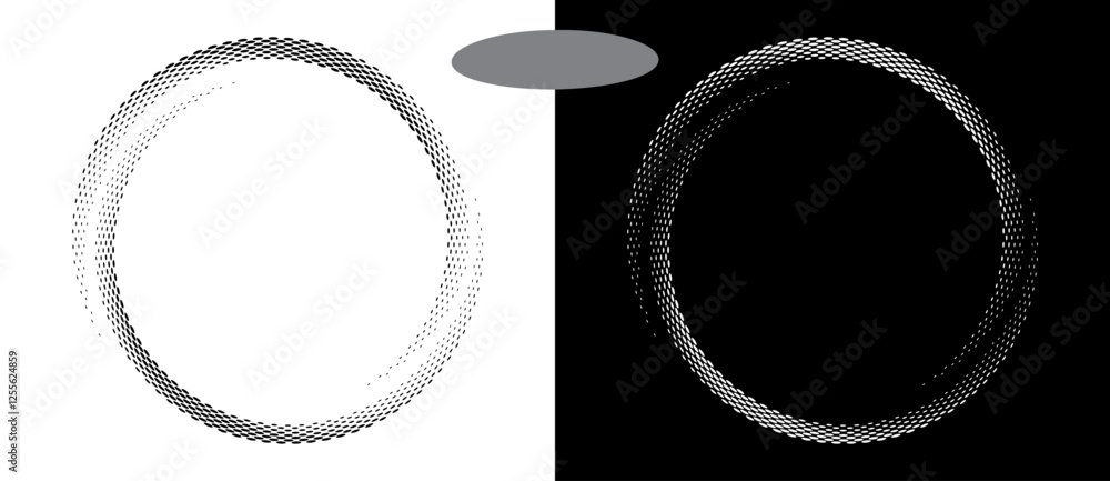 Poster Modern abstract background. Halftone ovals in circle form. Round logo, design element or icon. Vector dotted frame. A black figure on a white background and an equally white figure on the black side.