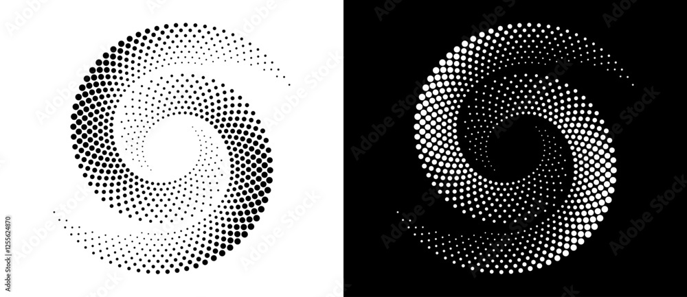 Fototapete Circle abstract background with dynamic halftone dots in spiral. Yin and yang style. Black shape on a white background and the same white shape on the black side.