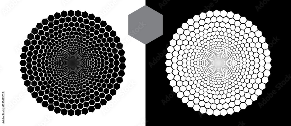 Poster Halftone round as icon or background. Abstract vector circle with hexagons as logo or emblem. Black shape on a white background and the same white shape on the black side.