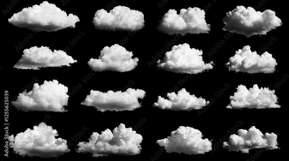 Wall mural assorted fluffy white clouds against black background in various shapes and sizes