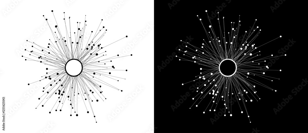 Fototapete Abstract background with lines and dots in circle. Art design BIG DATA or network concept. Black lines on a white background and white lines on the black side.