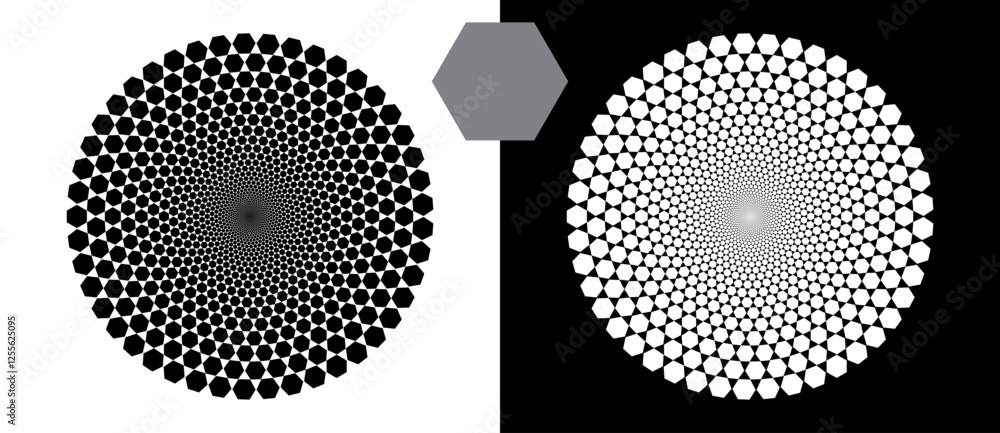 Poster halftone round as icon or background. abstract vector circle with hexagons as logo or emblem. black 