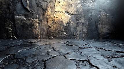 there is a dark room with a stone floor and a wall