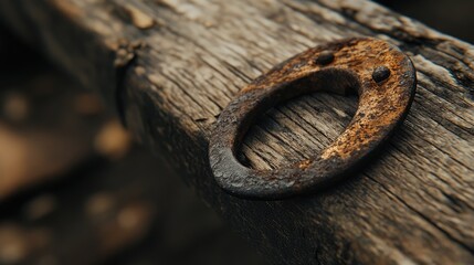 A weathered, rusty horseshoe resting on an old wooden board, evoking a sense of rustic charm and vintage history