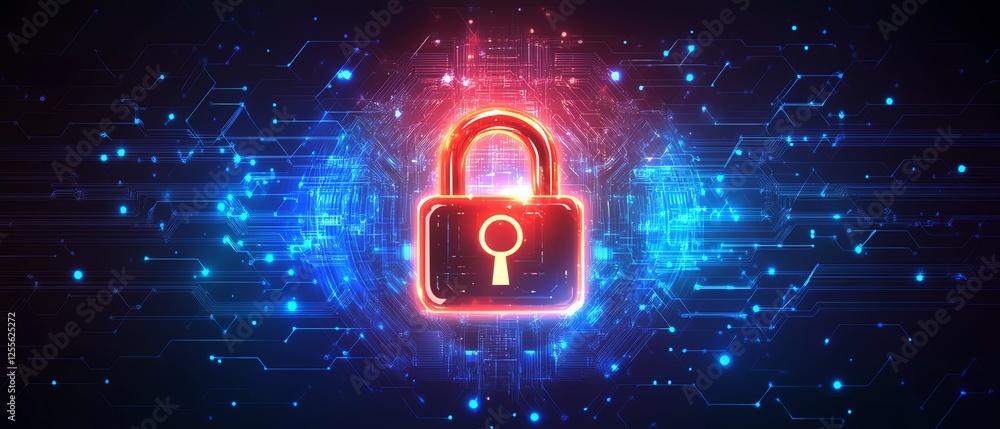 Aufkleber cybersecurity design with glowing red padlock among blue locks on a digital interface, data encrypti