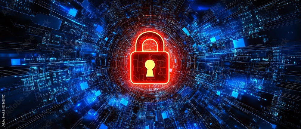 Aufkleber cybersecurity design with glowing red padlock among blue locks on a digital interface, data encrypti