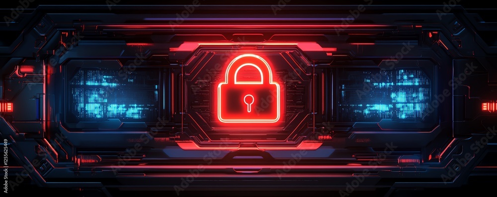 Aufkleber cybersecurity digital screen with glowing red padlock and blue locks, data encryption, secure techno