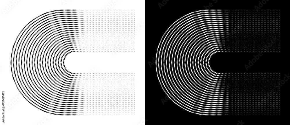 Fototapete Modern abstract background. Halftone dots in circle form. Letter C like logo, icon or design element. Black dots on a white background and white dots on the black side.