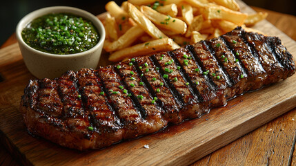 Grilled steak with fries and chimichurri sauce on wooden board
