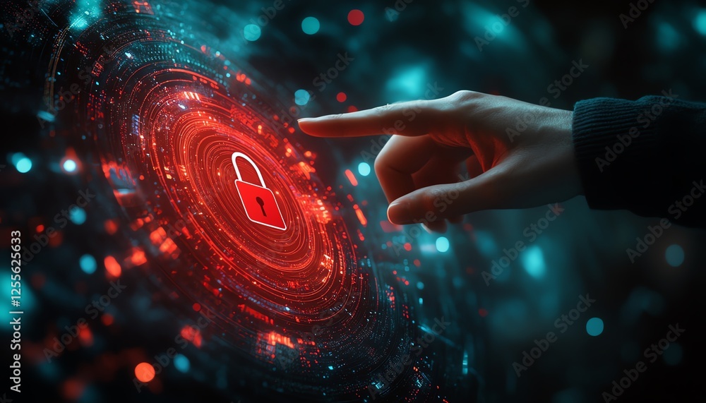 Aufkleber cybersecurity theme with a person engaging with digital padlocks and a red open lock symbol on a dar