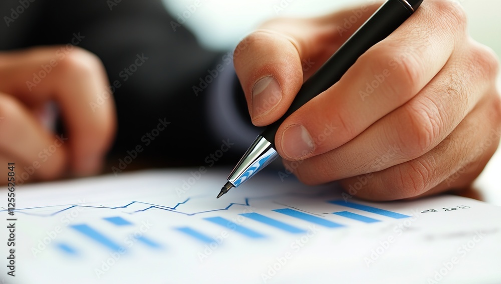 Poster analyzing business growth charts with a pen, close-up view of data analysis and financial reporting,