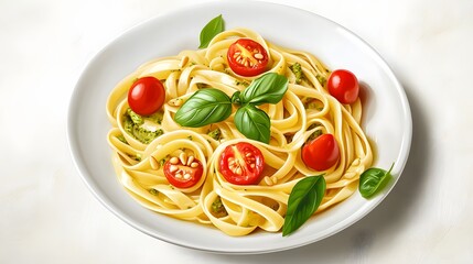 Stylish photorealistic image of fresh cooked pasta with parmesan cheese and herbs, perfect for Italian food photography and healthy eating themes