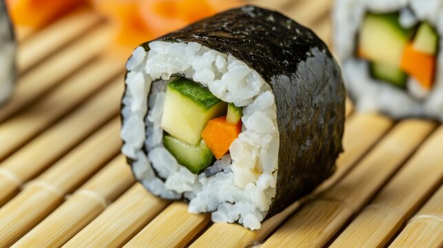 Close-up of rice and vegetable sushi roll with avocado and cucumber on a bamboo mat, emphasizing fresh and crisp flavors. Ideal for sushi enthusiasts and Japanese cuisine.