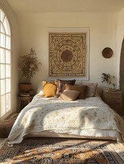 A sunlit bohemian bedroom with a handwoven tapestry and a white frame above a low bed.
