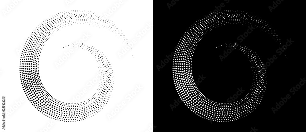 Poster Modern abstract background. Halftone dots in spiral. Round logo. Vector dotted frame. Design element or icon. Black shape on a white background and the same white shape on the black side.