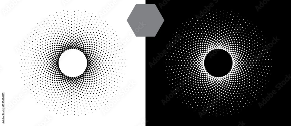 Poster Halftone round as icon or background. Abstract vector circle with hexagons as logo or emblem. Black shape on a white background and the same white shape on the black side.