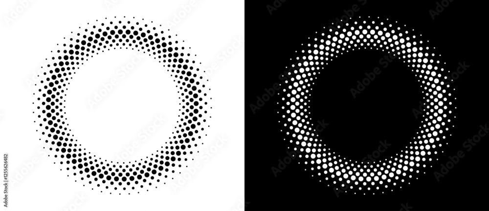 Poster Modern abstract background. Halftone dots in circle form. Round logo, design element or icon. Vector dotted frame. A black figure on a white background and an equally white figure on the black side.