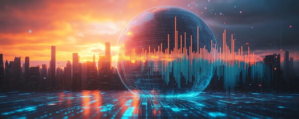 Earth globe with stock market bar chart, New York City skyline at sunset, financial data visualization, global market concept, futuristic digital environment