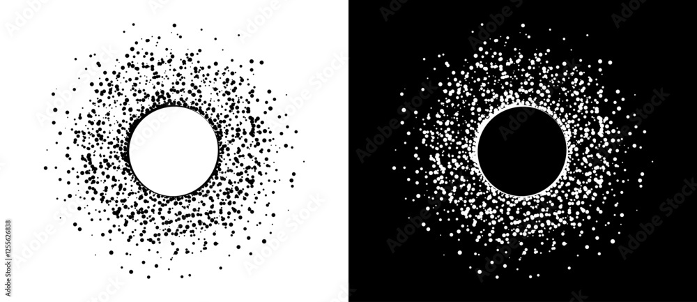 Poster Modern abstract background. Random dots around circle with copy space. Vector dotted frame. Design element or icon. Black shape on a white background and the same white shape on the black side.