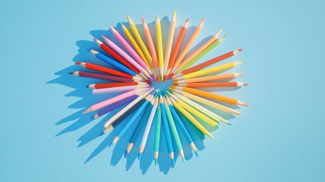 Colorful pencils arranged in a circle on blue background