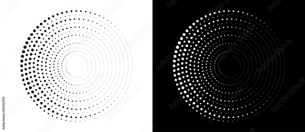 Poster Modern abstract background. Halftone dots in circle form. Round logo, design element or icon. Vector dotted frame. A black figure on a white background and an equally white figure on the black side.