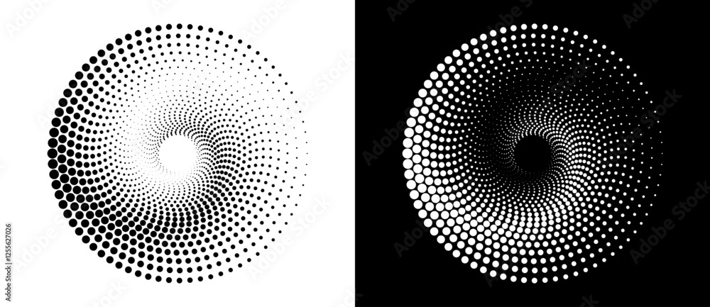 Poster Circle abstract background with dynamic halftone dots in spiral. Black shape on a white background and the same white shape on the black side.