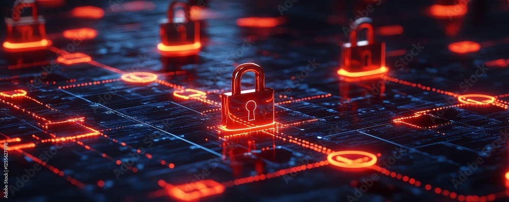 Poster person interacting with digital padlocks and a red open lock symbol on a dark background, cybersecur