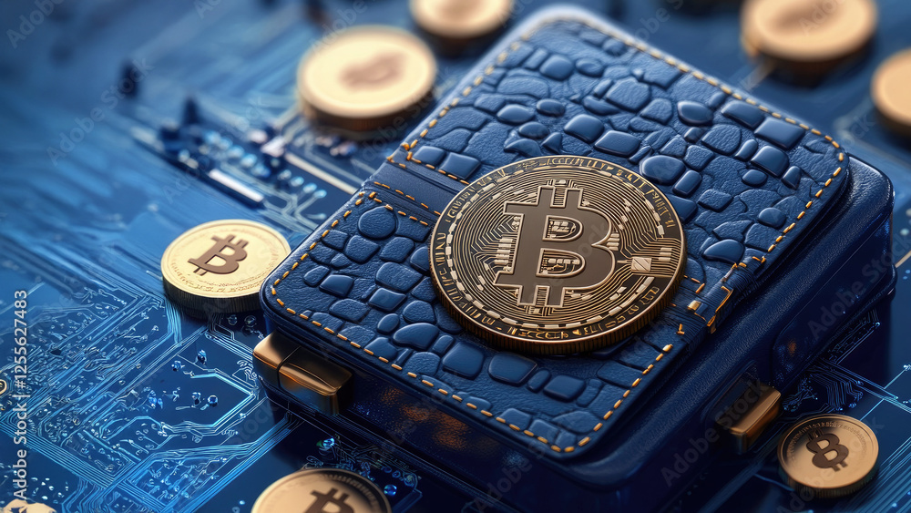 Poster crypto wallet with bitcoin coin on digital circuit background