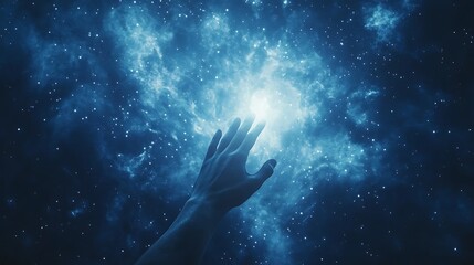 A hand reaches towards a glowing cosmic scene filled with stars and nebulae.