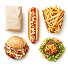 Fast food meal burger, hotdog, fries, bag