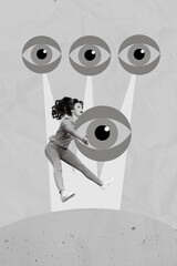Vertical collage image of overjoyed impressed black white colors girl flying arms catch huge...