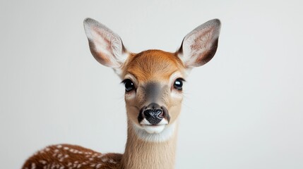 Fototapeta premium Young fawn with spotted fur against neutral background.