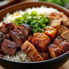 Close-up of a rice bowl with a variety of roasted meats. Featuring a savory and satisfying dish. Highlighting the texture and flavors of the roasted meats. Ideal for food and family meals.