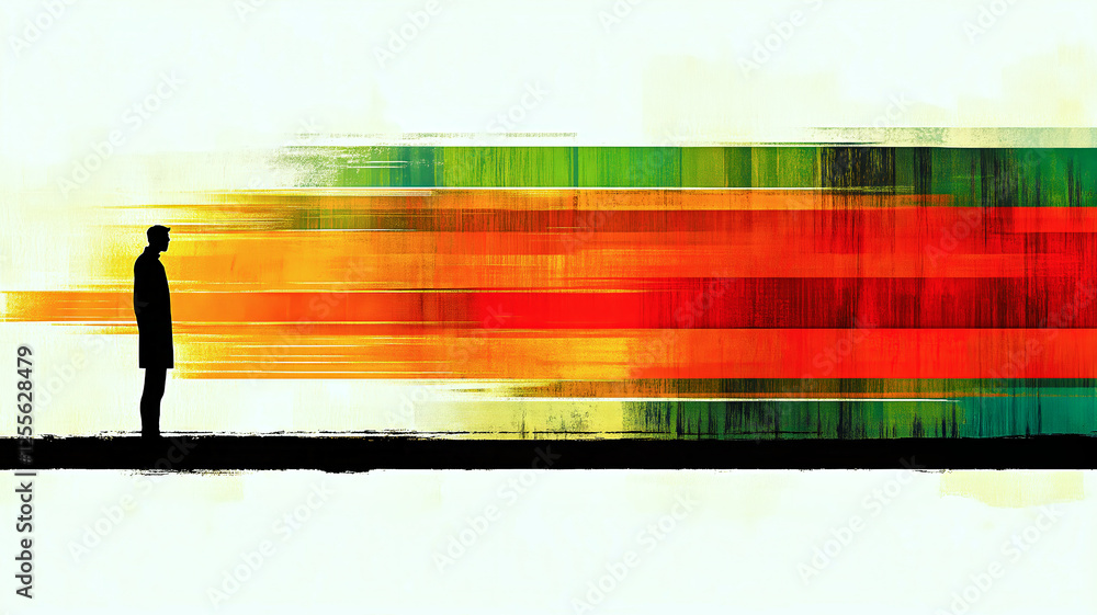 Poster businessman observing colorful abstract lines representing speed and progress