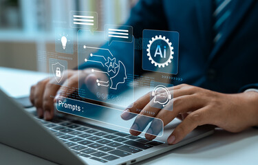 Businessman use artificial intelligence AI technology for enhanced work efficiency data analysis and efficient tools, Unlocking work potential with AI solutions chatbot help solve work problems.