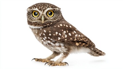 Obraz premium Small owl standing on white background with bright yellow eyes