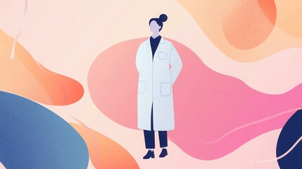 Obraz premium Illustration of a woman in a lab coat. She is wearing casual clothing and has her hair pulled back. Colorful background adds depth.