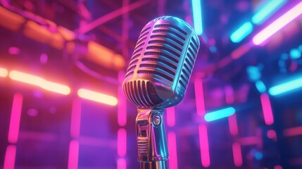 Retro microphone on illuminated stage with vibrant neon lights for audio recording, podcasting, entertainment, and live performance.